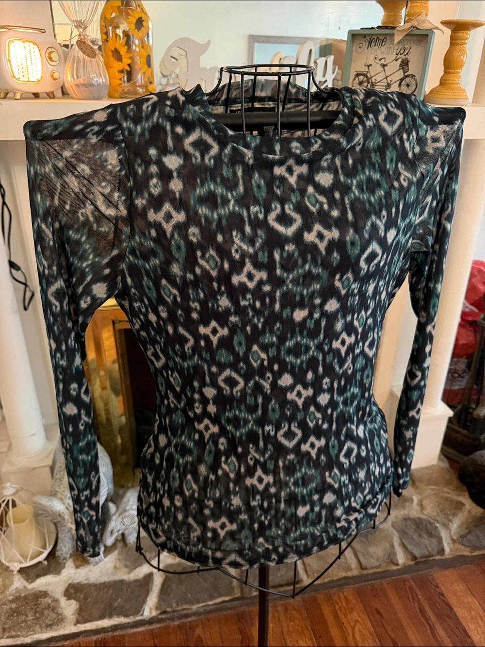 Sheer Printed Long-Sleeve Tee in Black and Teal